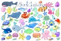 Sea animals and fishes doodle. Marine animals cartoon illustration.