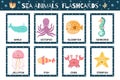 Sea animals flashcards collection for kids. Flash cards set with cute water characters