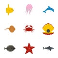 Sea animals icons set, flat style Royalty Free Stock Photo