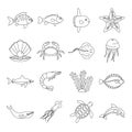 Sea animals icons set, otline style