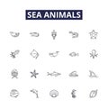 Sea animals line vector icons and signs. Sharks, Whales, Octopuses, Fish, Rays, Crabs, Starfish, Turtles outline vector