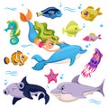 Sea animals. Ocean creatures fish, shark and starfish, dolphin with mermaid, cuttlefish and seahorse cartoon underwater