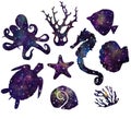 Sea animals, ocean, space, stars