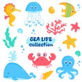 Sea animals and plants elements. Cute vector set Royalty Free Stock Photo