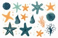 Sea animals and plants, a set of cartoon doodles with hand-drawn elements of marine life Royalty Free Stock Photo