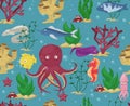 Sea animals seamless pattern background vector water plants ocean fish cartoon illustration undersea water marine aquatic characte