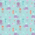 Sea animals seamless pattern fish corals starfish shells jellyfish aquarium colorful vector illustration. Royalty Free Stock Photo