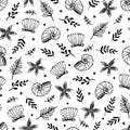 Sea animals seamless vector pattern. Black and white nautilus shells, scallops, starfish, algae on the seabed. Cute Royalty Free Stock Photo