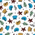 Sea animals seamless vector pattern. Bright nautilus shells, scallops, starfish, colorful algae on the seabed