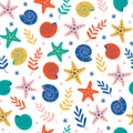 Sea animals seamless vector pattern. Bright nautilus shells, starfish, colorful algae on the seabed. Cute underwater clams