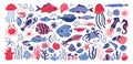 Sea animals set, clam and seashell, cute corals and fish. Beautiful underwater tropical shells, colorful kelp and algae
