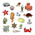 Sea animals set. Cute hand drawn illustration vector. White background.