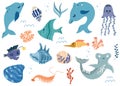 Set with hand drawn sea life elements. Cute underwater animals. Royalty Free Stock Photo