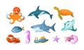 Sea animals set. Nautical undersea shellfish, fish, mammals. Childish dolphin, shark, octopus Royalty Free Stock Photo