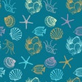 Sea Animals Sketched Seamless Pattern. Marine Life Creatures Hand drawn surface pattern design. Royalty Free Stock Photo