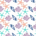 Sea Animals Sketched Seamless Pattern. Marine Life Creatures Hand drawn surface pattern design. Royalty Free Stock Photo