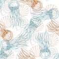 Sea Animals Sketched Seamless Pattern. Marine Life Creatures Hand drawn surface pattern design. Royalty Free Stock Photo
