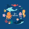 Sea animals. Underwater creatures, cute dolphin and octopus, exotic fishes, jellyfish and starfish, childish collection Royalty Free Stock Photo