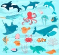 Sea animals vector cartoon ocean characters crab, funny octopus and whale underwater illustration marine set. Cute