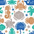 Sea animals vector seamless pattern text lettering. Ocean shape fish,octopus,crab,turtle,starfish,seahorse,jellfish,stingray,shell Royalty Free Stock Photo