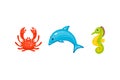 Sea animals vector set in cartoon hand drawn style. Marine life and underwater creatures contains crab, dolphin Royalty Free Stock Photo