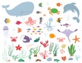 Sea animals and water plants. Cartoon vector illustration