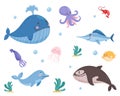 Sea Animals with Whale and Octopus Floating Underwater Vector Set Royalty Free Stock Photo