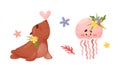 Sea animals in wreath of flowers set. Cute otter and jellyfish marine baby creatures with flowers vector illustration