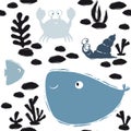 Sea baby cute seamless pattern. Sweet crab, snail, fish, whale, algae, corals print Royalty Free Stock Photo