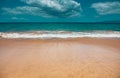 Sea background, nature of tropical summer beach with rays of sun light. Sand beach, sea water with copy space, summer