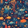 sea background with seamless pattern with fish and tropical algae in ocean at bottom. Generative AI illustration