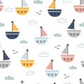 Sea background seamless pattern with sailboats with clouds