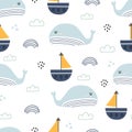 Sea background seamless pattern with whales with sailboats hand drawn cute cartoon animal characters