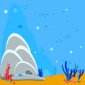 Sea background. Underwater background. Bubbles of water and the silhouette of algae and corals, shells, rocks and a cave. Blue