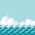 Sea background with waves, clouds and seagulls