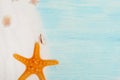 Sea background with white sand and blue painted wood, starfish, shells Royalty Free Stock Photo