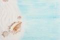 Sea background with white sand and blue painted wood, starfish, shells Royalty Free Stock Photo