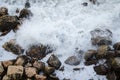 Seascape, seafoam of storm on wild rocky seashore