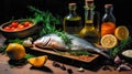 Sea bass on a cutting board next to the ingredients for cooking marinated sea bass. Generative Ai