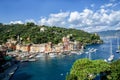 Sea bay with beautiful picturesque village called Portofino. Small marina port at the foot of mountain with a beautiful