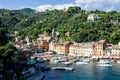Sea bay with beautiful picturesque village called Portofino. Small marina port at the foot of mountain with a beautiful