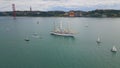 Sea bay harbour ships aerial view. Water transportation at gloomy port town Royalty Free Stock Photo