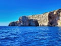 Sea bay rock view. Coast sea. Massive rocks by the sea, blue sky and sea, sea waves. Mediterranean coastline. Calm sea water. Royalty Free Stock Photo