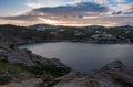 Sea bay at sunset on the island of Mykonos - Agia Anna. Royalty Free Stock Photo