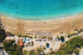 Sea and beach, aerial top view. Cyprus mediterranean sandy coast lagoon