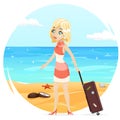 Sea Beach Background Cute Girl Suitcase Cartoon Retro Vintage Female Character Summer Vacation Tourism Journey Travel Royalty Free Stock Photo