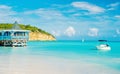 Sea beach with boat and shelter in st johns, antigua Royalty Free Stock Photo