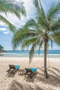 Sea with beach chair and coconut tree on a sunny day Royalty Free Stock Photo