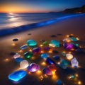 Sea Beach with Colorful Crystal Stones in Sunset Sky Landscape Illustration Image Generative AI Royalty Free Stock Photo