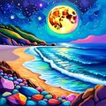 Sea Beach with Colorful Stones, Mountain in Golden Full Moon Night Landscape Illustration Image Generative AI Royalty Free Stock Photo